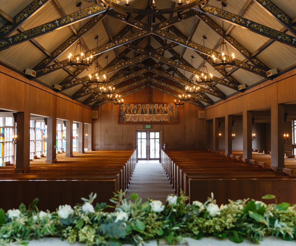 View from the altar with greenery decor - Chapel of Our Lady at the Presidio - Wedgewood Weddings - 3