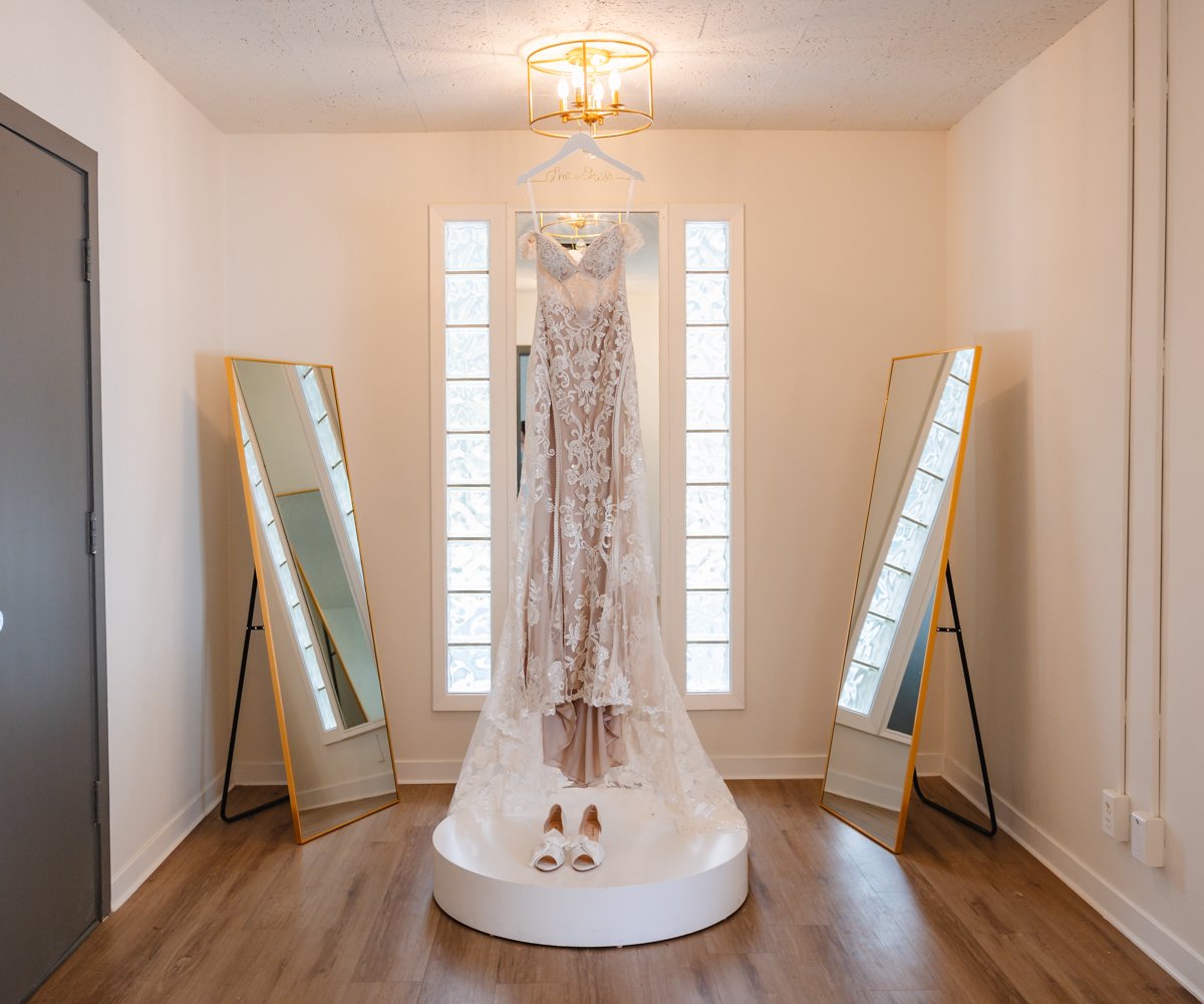 Bridal gown draped over mirror in get ready suite - Moraga, CA - Hacienda de las Flores by Wedgewood Weddings - 2