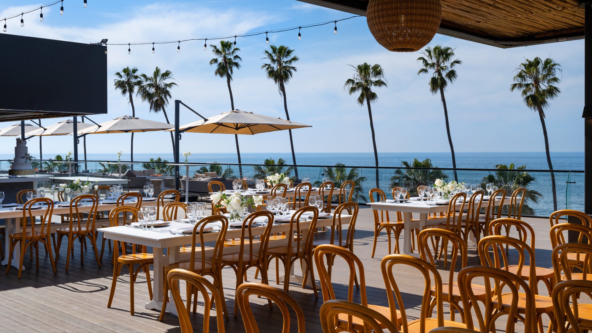 Elegant wedding reception setup with bentwood chairs, white umbrellas, string lights, and classic California palm trees at La Jolla Cove Rooftop venue