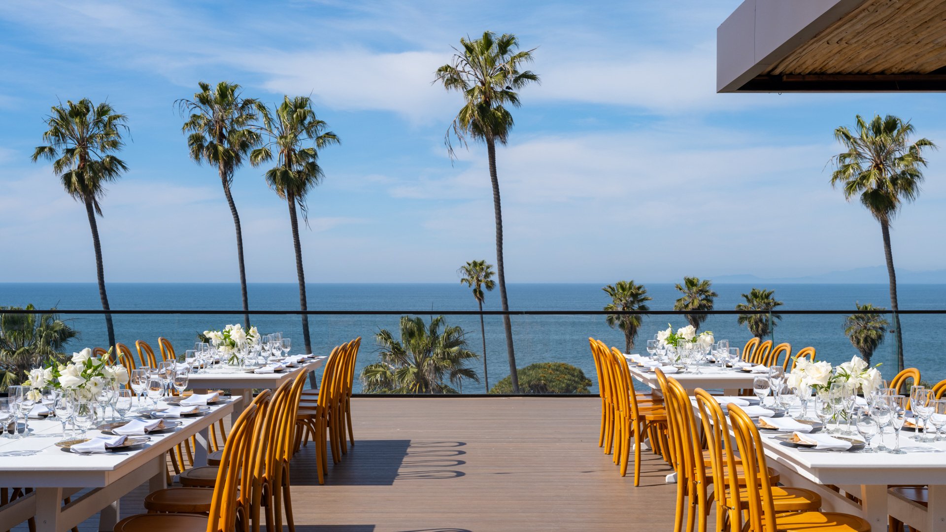 Clean white wedding reception tables with bentwood chairs and breathtaking Pacific Ocean views framed by California palm trees at La Jolla Cove Rooftop