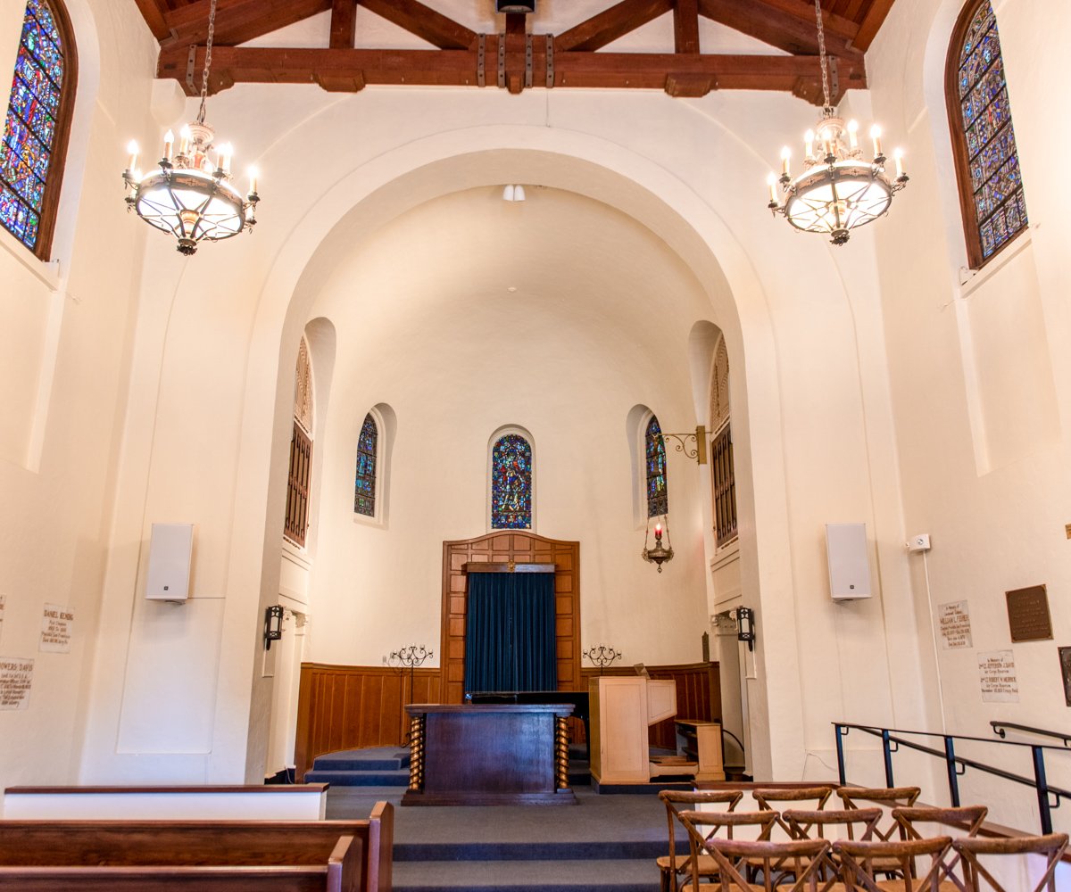 Interior of historic church with stained glass windows - Presidio Chapel at the Golden Gate Club - Wedgewood Weddings