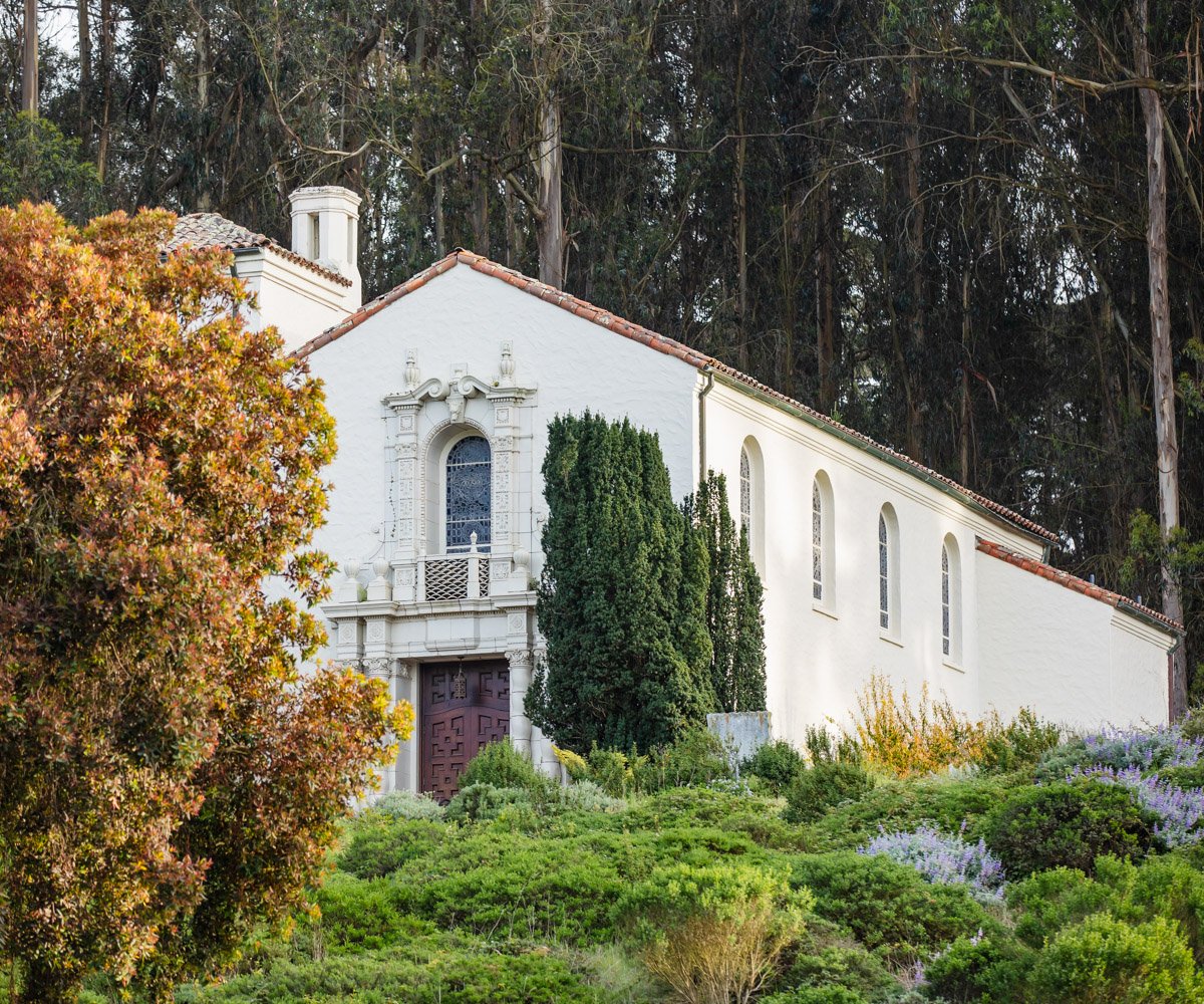 Outside view of historic chapel in Presidio Park in San Francisco - Presidio Chapel at the Golden Gate Club - Wedgewood Weddings