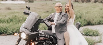 Bride and Groom on Motorcycle - The Orchard - Menifee, California - Riverside County - Wedgewood Weddings
